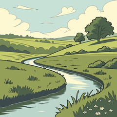 Flowing River Through Green Fields: Peaceful Rural Landscape