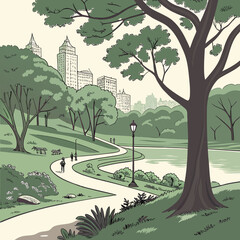 Vibrant City Park Landscape with Trees, Paths, and Lake