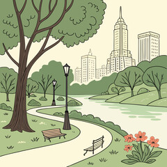 Peaceful City Park Scene with Lake, Paths, and Sky