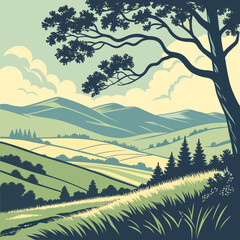 Flat Vector Countryside Landscape with Mountains