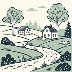 Flat Vector Rural Village Landscape with Winding River