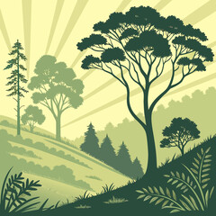 Flat Vector Forest Landscape with Sunlight Rays