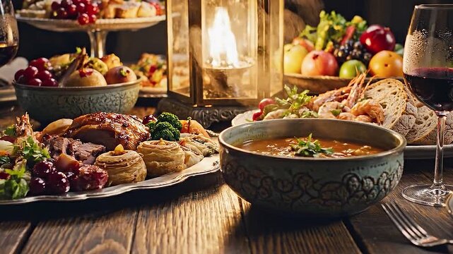 Luxurious dinner party setup with fine dining and wine