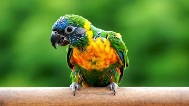 A vibrant parrot perches on a wooden rail, showcasing its colorful plumage and beady eyes against a lush green backdrop, capturing its beauty and charm.