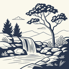 Flat Vector Waterfall Landscape with Rocks and Trees