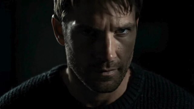 A man gazes intensely with a stern expression, illuminated by a single light source, in an evocative, low-key portrait, offering a sense of strength.