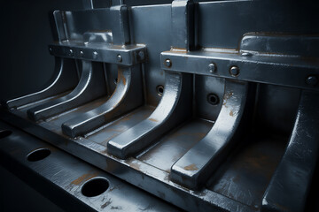 Close-up of weathered industrial metal components, showing rivets and textured surfaces with hints of rust, suggesting strength and durability.