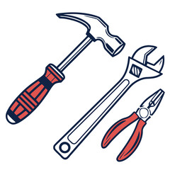Hand tools icons set: hammer, screwdriver, wrench