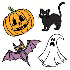 Halloween spooky icons set with ghost, bat, and pumpkin
