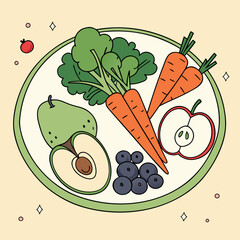 Healthy food illustration with fresh fruits and vegetables