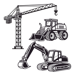 Heavy machinery icons: crane, bulldozer, excavator