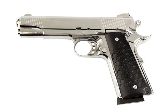 A realistic chrome-finished M1911 airsoft pistol featuring a protective orange tip, designed for tactical sports, competitive shooting, and military simulations.