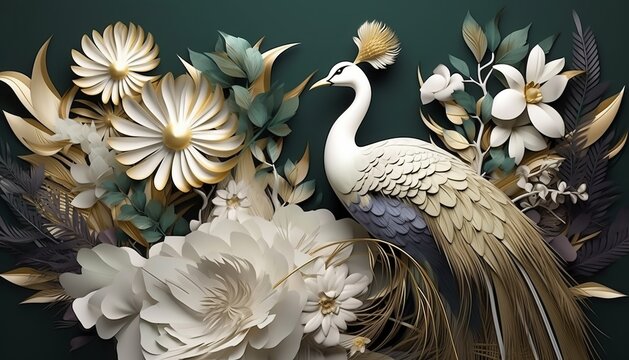 3d modern interior mural painting wall art decor abstraction wallpaper with white, dark green and golden tropical palm leaf branches and flowers with feathers peacock bird 