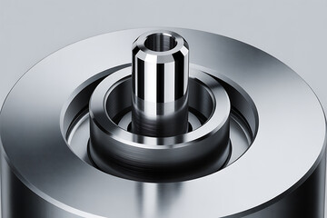 Close-up of a precisely engineered metallic component, featuring concentric rings and a central cylindrical shaft, highlighting industrial accuracy and material.