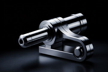 Sleek, polished metallic mechanical assembly with curved and cylindrical parts, reflecting light against a dark, sophisticated background.