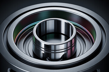 Close-up of a metallic ring-like structure with internal glowing colorful lights, suggesting advanced technology, energy, or a futuristic component.