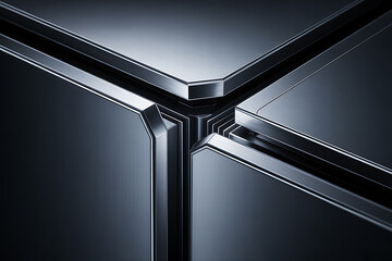 Abstract close-up of metallic surfaces meeting at sharp angles, with brushed textures and reflections, creating a futuristic, architectural, or technological look.