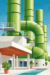 Naklejka premium Green industrial plant with towering pipes and modern facilities under a bright blue sky