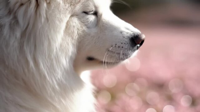 Close-up of a white Samoyed dog's face with pink bokeh background