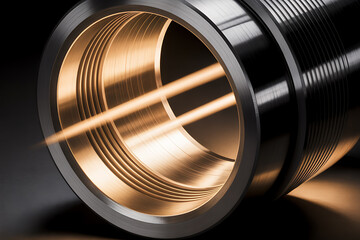 Futuristic metallic cylinder with glowing orange light streams, suggesting advanced technology and energy flow.