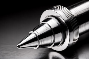 A sharp, metallic cone-shaped component with precise circular grooves, showcasing advanced manufacturing and engineering.