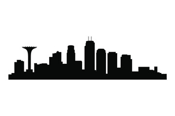 Black silhouette of a modern city skyline against a white background