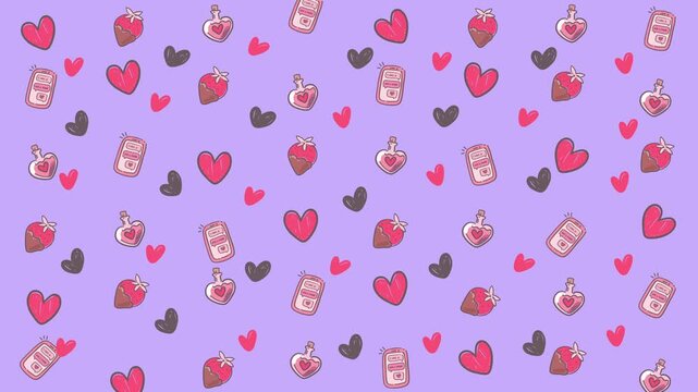 Pattern of hearts, potions, game consoles on lilac perfect for gaming or lovethemed designs. Suitable for backgrounds or wallpapers.