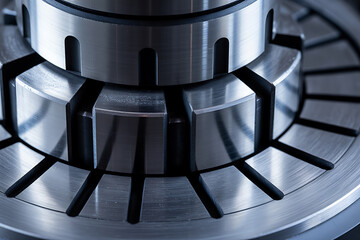 A complex metallic component with interlocking parts and precisely cut slots, highlighting industrial design and engineering.