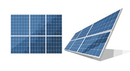Vector illustration of solar panels shown in both a flat top-down grid view and a three-dimensional angled perspective on a white background.