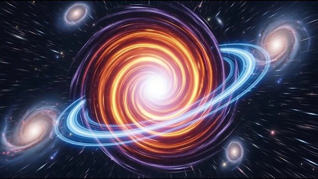 A vibrant spiral galaxy with swirling orange and blue arms surrounded by stars and smaller galaxies in the vast cosmos viewed from space