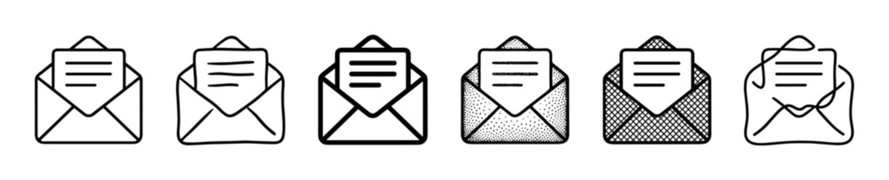 Set of six open envelope icons with letters inside, showcasing various artistic styles from clean line art and hand-drawn doodle to stippling and cross-hatching