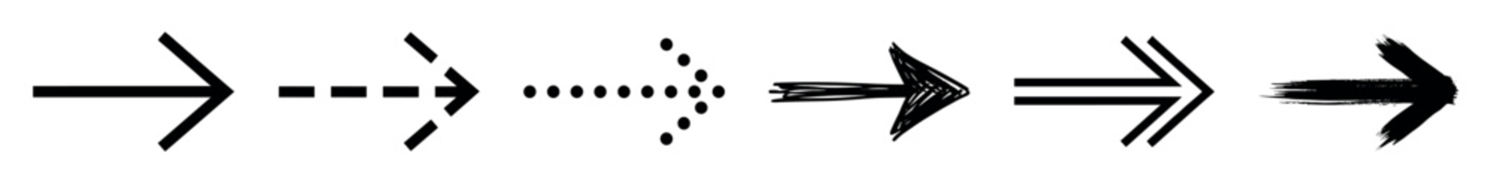 Six different black arrow icons pointing right in various styles including solid, dashed, dotted, hand-drawn sketch, double line, and grunge brush stroke for graphic design