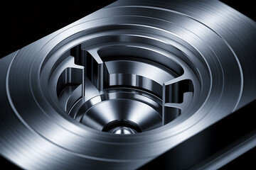 Intricate metallic internal structure with smooth curves and sharp edges, showcasing precision engineering and complexity.