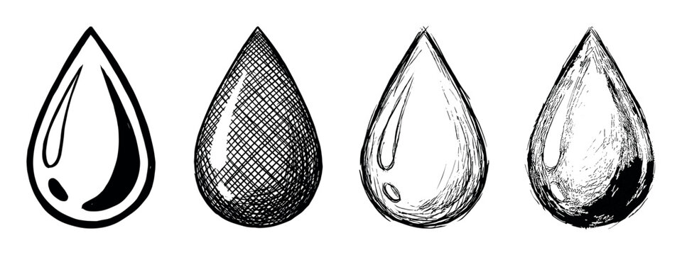 Set of four hand-drawn liquid drops in various sketch styles including cross-hatching, solid ink, and scribble textures, presented as a monochrome graphic illustration collection