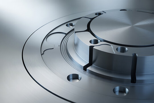 A precision machined metallic flange with multiple bolt holes and interlocking sections, representing connection and industrial design.