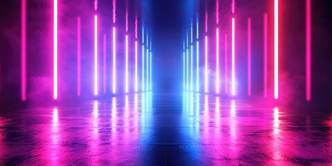 A neon-lit, foggy, reflective, empty room with vertical blue and pink neon tubes, creating a futuristic, cyberpunk, and sci-fi atmosphere.