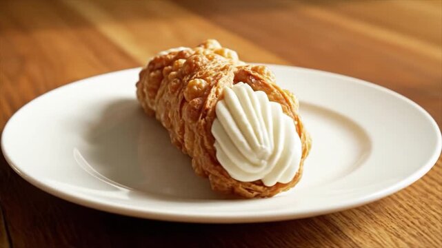 A delicious eclair dessert with cream, pastry, and nuts on a white plate, placed on a wooden table, viewed from the side
