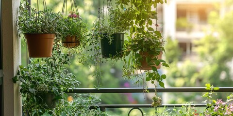 Various potted plants hanging from a balcony, with a blurred greenery background and a warm, natural light source.