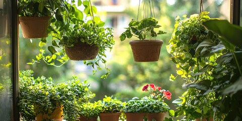 A variety of potted plants hanging from a window, including a mix of green and red plants, with a blurred green background and natural light illuminating the scene.