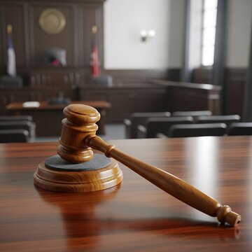 Gavel on Courtroom Table - Justice and Legal Proceedings.