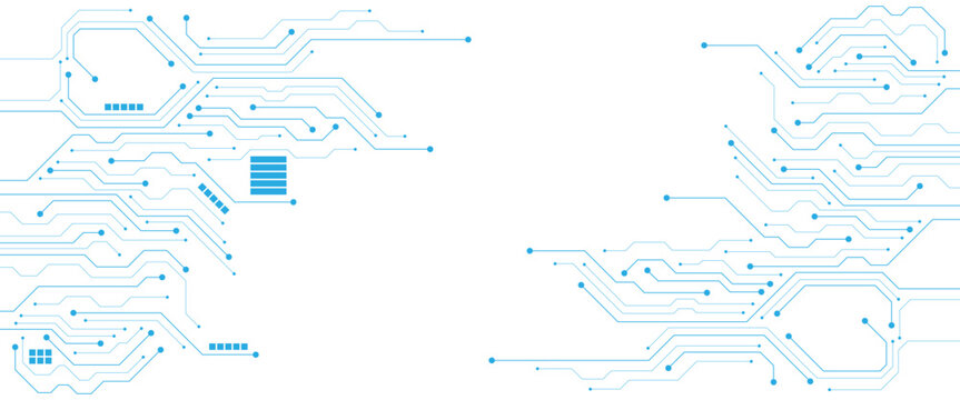 Blue Digital Circuit Board Patterns on Black Background with Data Elements