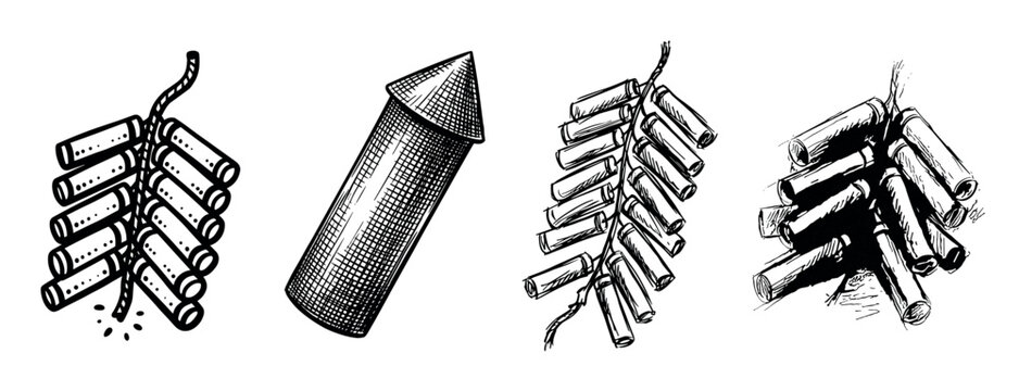 Set of hand-drawn firecracker and rocket illustrations in a black and white vintage engraving or sketch style, showing different types of pyrotechnics for celebration