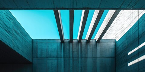 A modern, geometric concrete structure with large, open spaces and minimalistic design, featuring a blue sky and white walls.