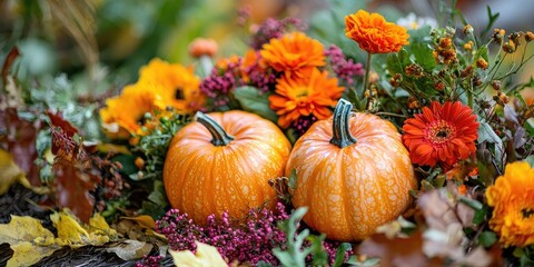 Two orange pumpkins with green stripes, surrounded by orange flowers and leaves, placed on a bed of autumn leaves and berries, with a blurred background of orange and yellow flowers.