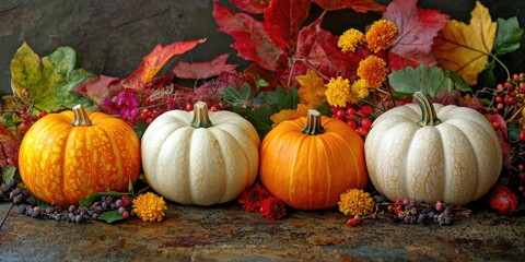 Four pumpkins of different colors and sizes, arranged on a rustic wooden table with autumn leaves and berries, set against a dark stone wall backdrop.
