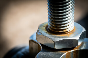 Close-up of a rusty metal bolt and nut, highlighting industrial wear, strength, and a textured surface.