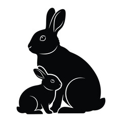 Fototapeta premium Cute Black Silhouette of Mother Rabbit and Baby Bunny Sitting Together - Vector Illustration