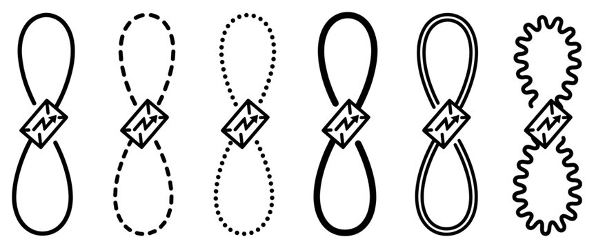 Six black line art loop icons representing a gluon self-energy diagram from quantum physics, a collection of symbols with various outline styles like solid, dashed, dotted, and wavy