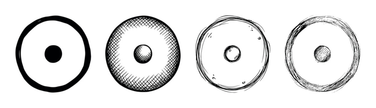 Set of four hand-drawn circumpunct symbols in various artistic styles, including bold graphic, cross-hatching, and sketchy ink, representing spiritual and alchemical concepts