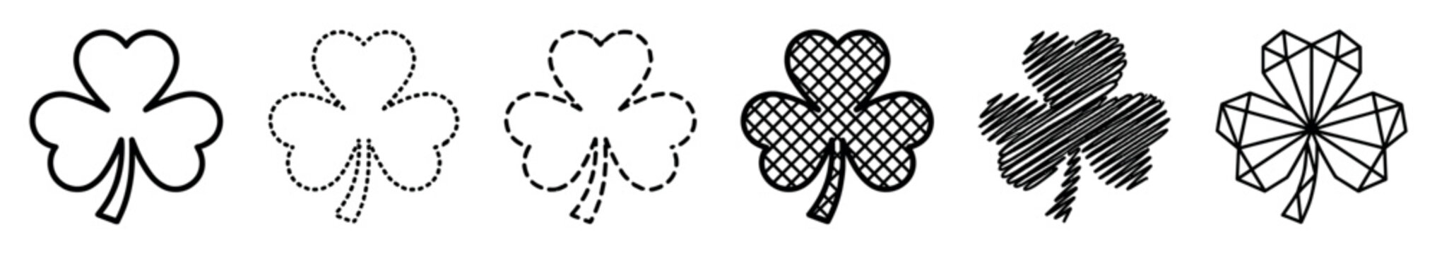 Collection of six black three-leaf clover icons presented in a variety of line art styles like dotted, dashed, scribbled, crosshatch, and geometric for holiday celebration